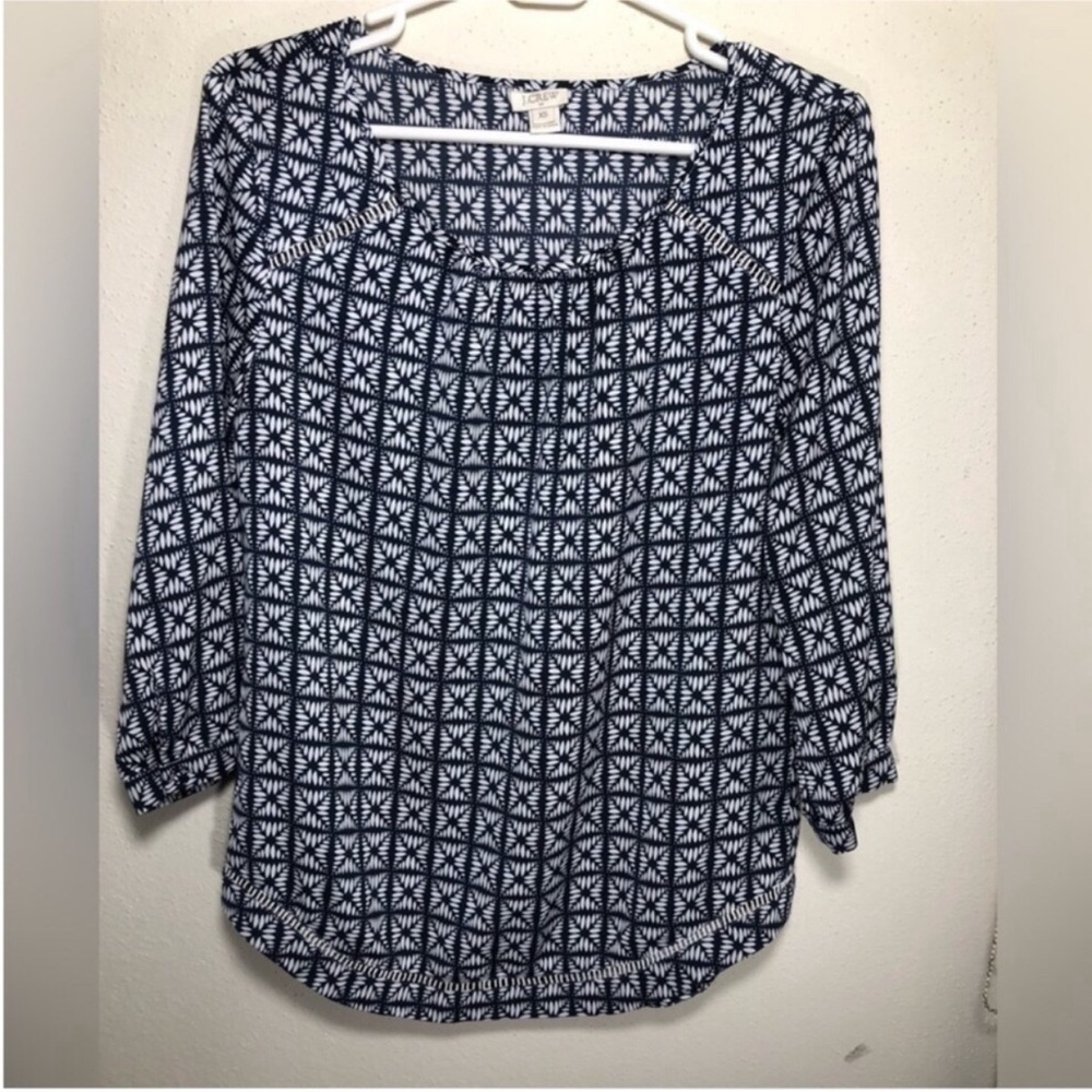 Preowned J. Crew Women’s Abstract Blouse XS Blue Pullover Scoop Neck 3/4 Sleeve